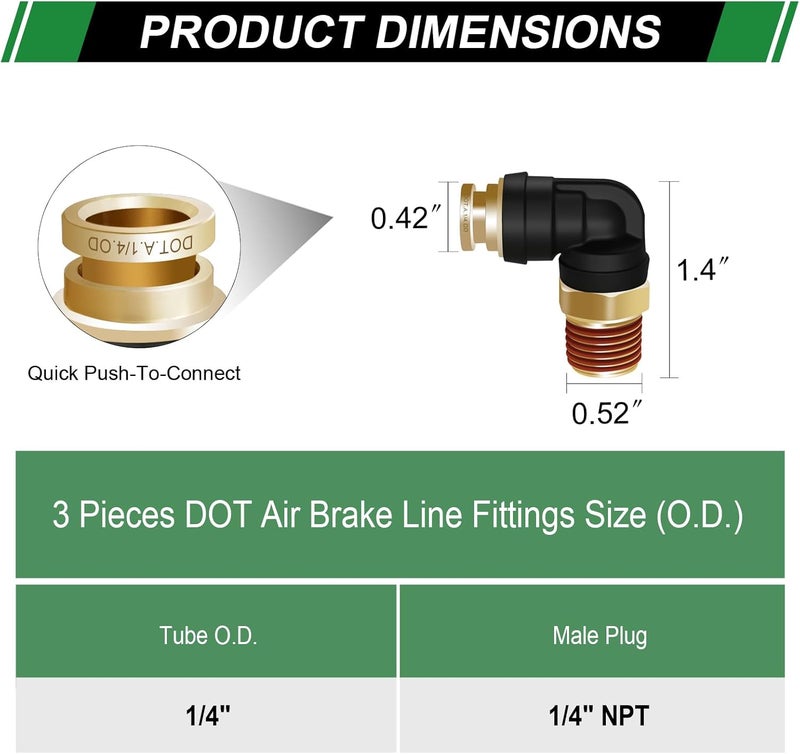 Japtend 1/4 inch DOT Air Hose Fittings 90 Degree Union Elbow， 3PCS 1/4" Tube OD x 1/4" NPT Thread Quick Connect Hose Fittings PTC/PTCR & Brass for Truck Trailers Industry Air System - Image 2